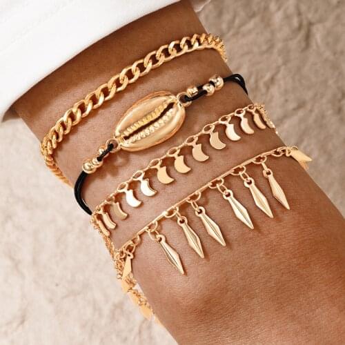 Docona 4pcs/set Bohemian Shell Moon Tassel Bracelet Set for Women Charms Handmade Rope Layered Bangle Jewelry браслет 18041
