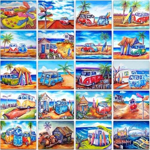 5D DIY Diamond Painting Kit Paint Color Red car bus Autos Sea landscape Full Square&Round embroidery mosaic Cross stitch Sale