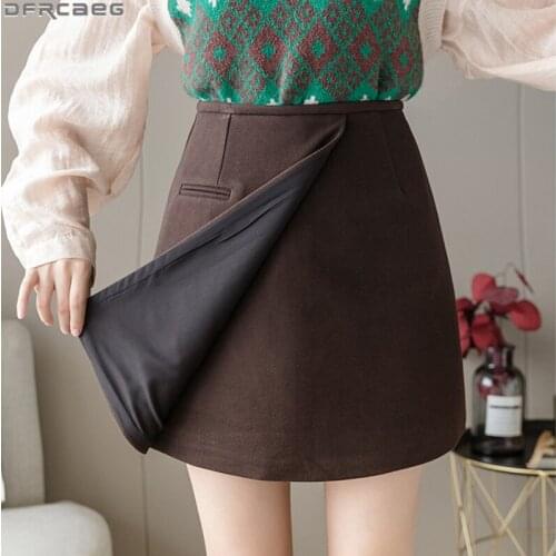 New Winter Woolen Ladies Skirts Elegant Brown Black Mini Falda Mujer Irregular High Waist Skirt Women Vintage Slit Jupe Femme