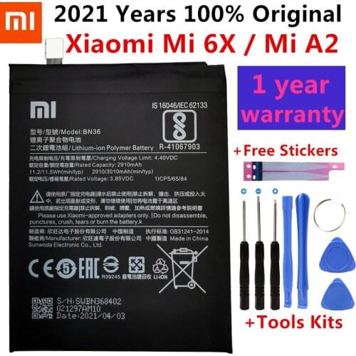 Original Phone Battery for Mi6X MiA2 Battery Xiaomi Mi 6X A2 BN36 Batteries with Retail Package Bateria for Xiaomi Mi6X MiA2
