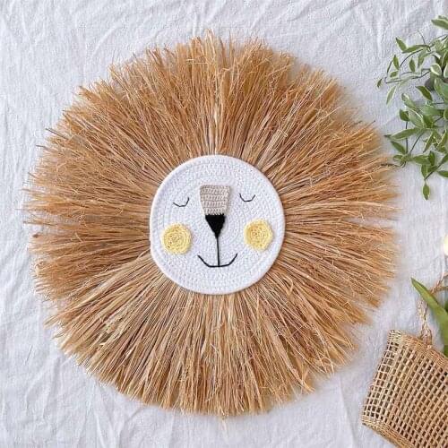 Nordic Style Children Room Decoration Cotton Straw Woven Cartoon Lion Head Ornaments Wall Hangings Kids Bedroom Accessories Prop