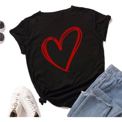 Plus Size S-5XL 100%Cotton T-Shirt Love Red Heart Print TShirt Women T Shirt Female O Neck Short Sleeve Tees Summer Pink Tops