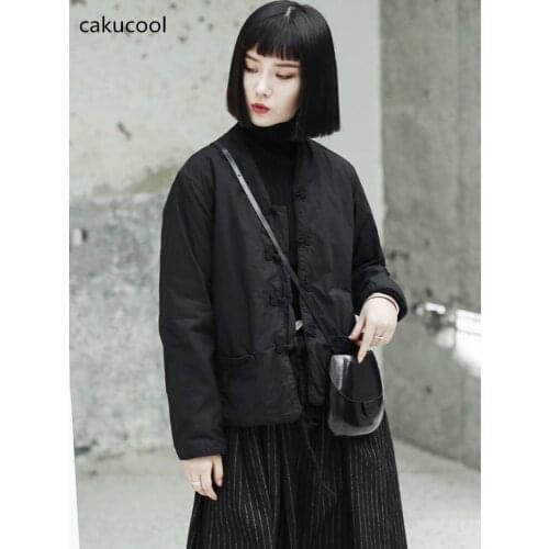 Cakucool New Winter Parka Vintage Women Short Coats Outerwear Gothic Chinese style Tang costume Slim Designer Black Parka Femme