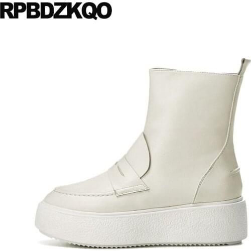 Round Toe High Quality Flatform Heel Platform Wedge Ankle Genuine Leather Shoes Beige Muffin Creepers Women Boots Winter 2021