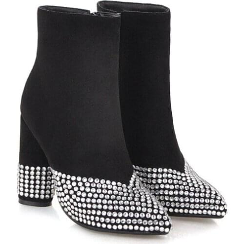 Big Size Ma'am Coarse heel Short boots Pure color Water drill Fashion boot barrel High heel boots