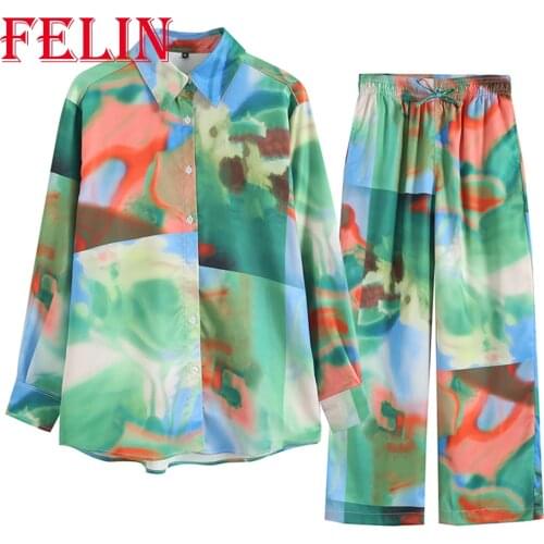 FELIN New Women Suits Za Landscape Tie Dye Print Loose Shirts Wide Leg Pants Fashion 2021 Streetwear 2 Pieces Women Set