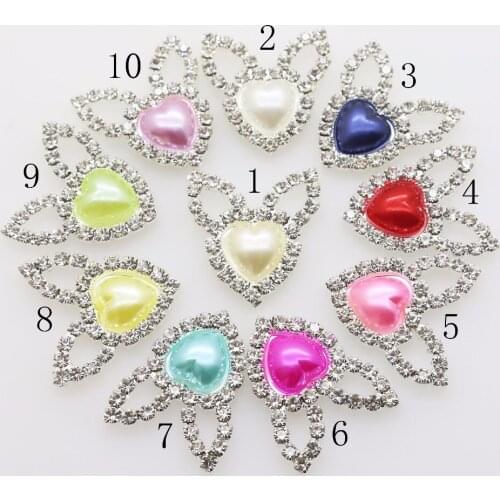 New 10Pc pearl heart Rabbit ears button rhinestone brass Button DIY Wedding inviations decorate clothing beauty accessories