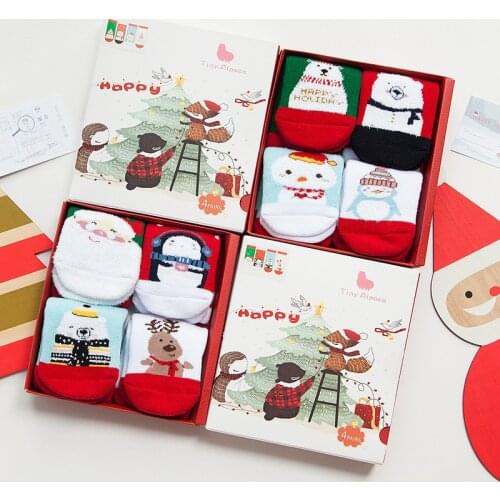 4 pair Christmas Themed Children Pure Cotton Cartoon Jacquard Socks Red Christmas Socks Absorb Sweat Permeability Socks