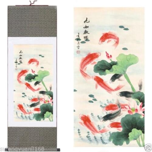 40"Chinese SuZhou Silk Art Nine Goldfish Silk Decoration Scroll Painting Wall adornment murals home decoration