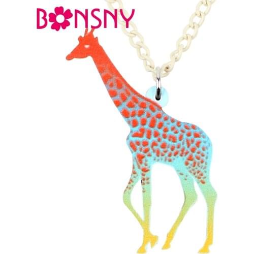 Bonsny Acrylic New Fashion Colorful African Giraffe Necklace Pendant Chain Collar Cartoon Jungle Animal Jewelry For Women Girls