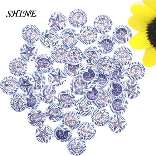 SHINE Wood Sewing Buttons Scrapbooking Round Mixed Two Holes Navy Style 15mm Dia. 50 PCs Costura Botones Decorate bottoni botoes