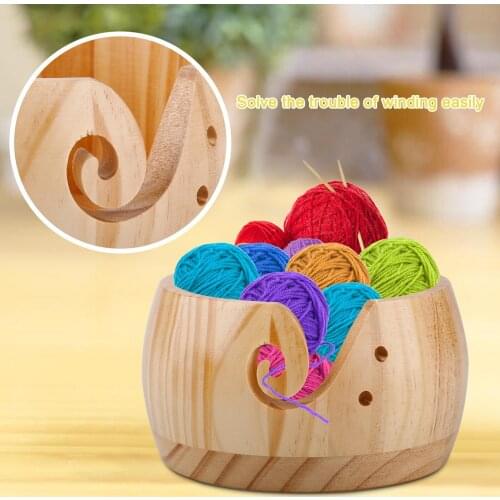Wooden Yarn Storage Bowl Organizer Knitted Crochet Premium Round Wool Yarn Storage Bowl Handmade Rolling Sewing Supplies Storage