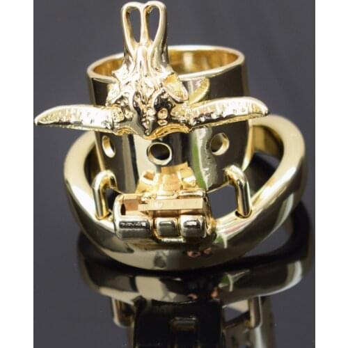 FAAK 2021 Golden Stainless Steel Bull Head Penis Ring Metal Male Chastity Bondage Lock Cock Bdsm Play Cock Cage Sex Toy Game