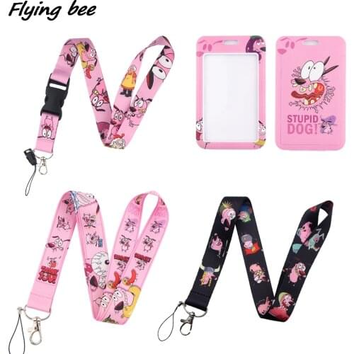 Flyingbee Pink Black Cartoon Dog Lanyard Card Holder Student Hanging Neck Mobile Phone Lanyard Badge Subway Access Card X1463