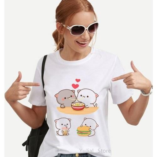 Peach And Goma Mochi Cat Love Boba Print Tshirt Women Clothes 2021 Funny T Shirt Femme Hamburger T-Shirt Female Wholesale