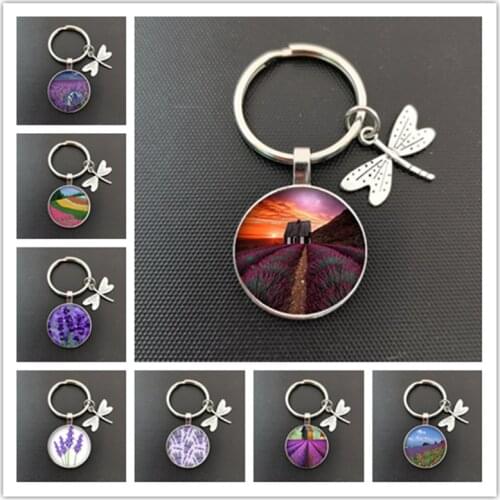Beautiful purple lavender flower plant round glass cabochon dome keychain dragonfly lavender round glass keychain