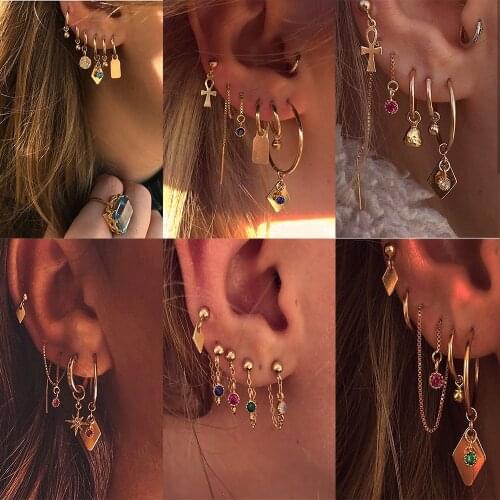 MAA-OE New Boho Vintage Geometric Gold Colorful Crystal Chain Drop Earrings For Women Star Sun Cross Earring Set Female Jewelry