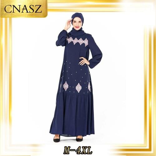 Muslim Dress Islamic Clothing Fashion Large Size Womens Abaya Femme Musulman Autumn Blue Embroidered Beaded Muslim Dress