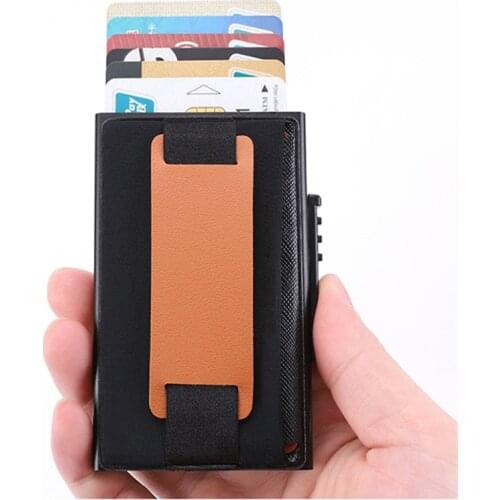 Bycobecy Men Leather Wallet Automatic Pop-up Card Box Antimagnetic Credit Card Box Aluminum Alloy Anti-theft Brush Card Holder