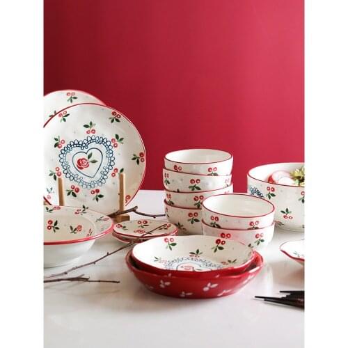 Ceramic dinnerware set retro cherry under glazed printed dinner set porcelain cutlery sets 2users 4 users 6 user tableware gifts