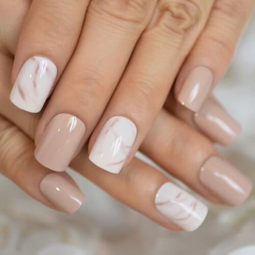 24Pcs Fake Nails Khaki Nude Marble Flat Artificial Short False Nail Tips for Office Home Faux Ongle Free Jelly Glue Sticker