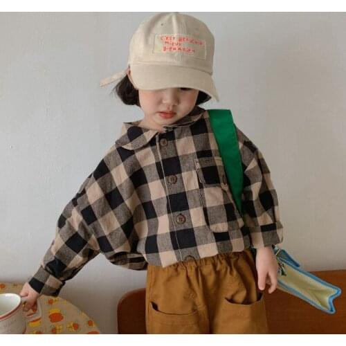 2021 New Spring and Autumn Childrens Large Plaid Shirt Cotton Korean Boys and Girls Shirt Long-sleeved Baby Lapel Top Coat