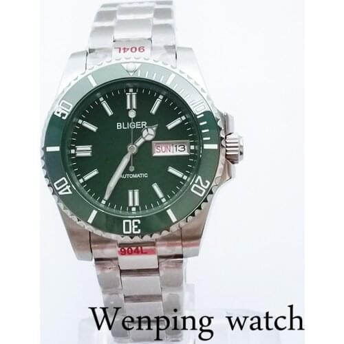 New BLIGER 40mm Mens Luxury Mechanical Sterile Watch Sapphire Glass Green Dial Bezel Date Calendar NH36A Movement Automatic