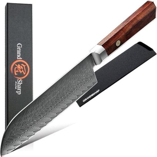 6.7 Inch Santoku Knife Japanese Chef Knife VG10 Damascus Steel Kitchen Cookware Meat Sashimi Knives Rosewood Handle GRANDSHARP