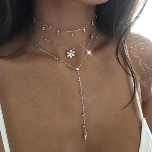Double daisy flower necklace beautiful fashion women jewelry micro pave cz flower charm chain collar