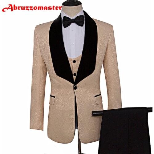 Tailor Suits Blazer Printed Groom Tuxedos Shawl Lapel Groomsman Suit Beige Wedding suit Custom Made Man Suit Jacket+pants+vest