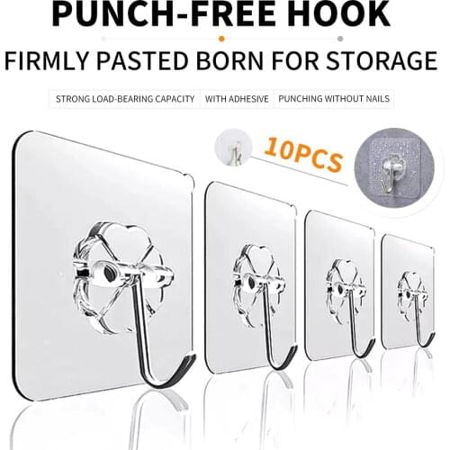 10PCS Transparent Wall Hooks Waterproof Strong SelfAdhesive Hooks Reusable Seamless Hanging Hook for Kitchen Bathroom