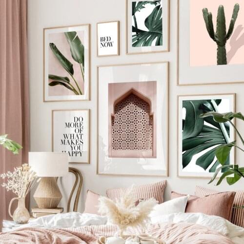 Pink Wall Monstera Cactus Green Plants Quotes Wall Art Print Canvas Painting Nordic Poster Decoration Pictures For Living Room