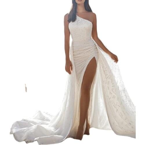 Sexy One Shoulder White Stretchy Party Dress Sequin Backless Split Leg Floor Length Bydocon Long Dresses