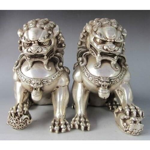 Tibet silver 16cm / 6.3" Chinese Silver Fu Foo Dog Guardian lion Statue Pair tools wedding Decoration Brass