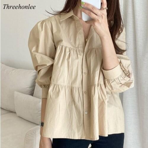 Korean Chic Womens Shirt 2021 Summer Pleated Design Loose Single-Breasted Puff Sleeve Long Sleeve Blouses Autumn Fashion Tops