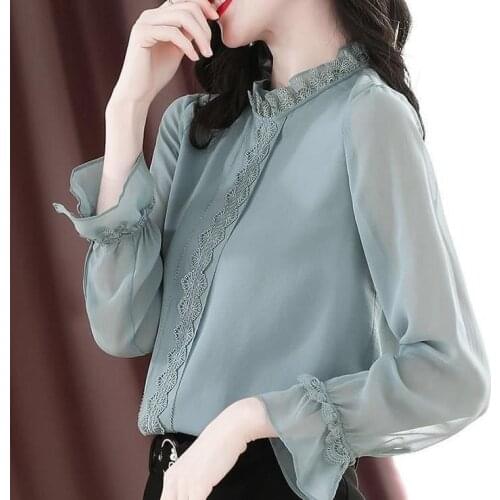 2021 Newly Spring Fall Women Ruffled Stand Collar Beige Black Chiffon Top Blouse , Womans 3xl Lace Patchwork Blouses Tops