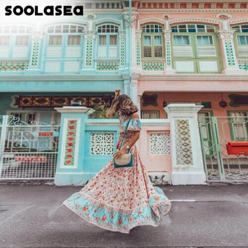 Soolasea Vintage Chic Ruffles Vrouwen Strand Bohemian Bloemenprint Onregelmatige Zoom Rok Hoge Taille Maxi A-lijn Boho Rok Femme