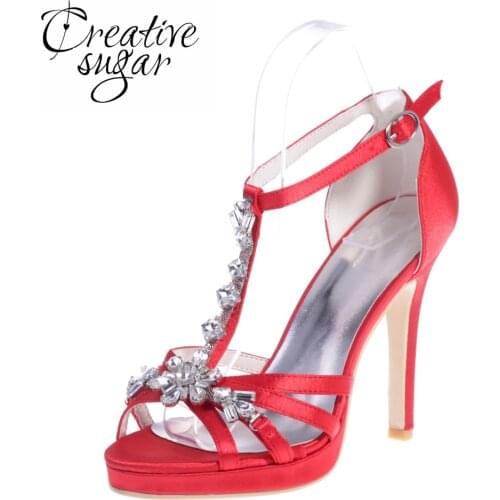 Creativesugar woman crystal gem sandals cover heel ankle strap high heel party prom cocktail summer evening dress shoes ivory