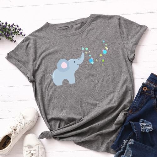 Women Short Sleeve Cotton T-Shirts Cute Elephant Playing Graphic Tees Summer Tee Tops for Female Casual Oversized Tee Clothes