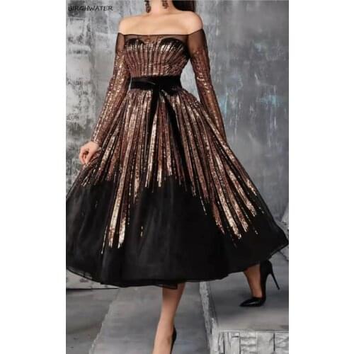 Womans Dress 2021 Best Quality Solid Sparkly Sequins Slash Neck Long Sleevees Dress Sexy Celebrity Party Midi Dress Vestidos
