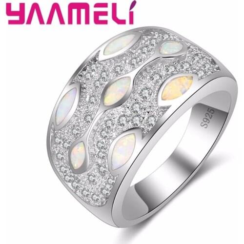 Winter Sale Women Wide Wedding Finger Ring Brand 925 Silver Jewelry Micro Inlay Full White CZ Crystal White Opal Ring 925 Stamp