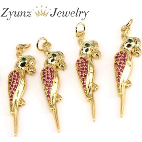 10PCS, Gold Plated Parrot Pendant, Micro Pave CZ Bird Necklace, Animal Pendant, Parrot Charm, DIY Jewelry Accessories