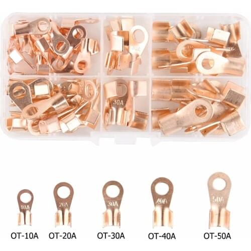 70PCS Battery Cable Copper Open Barrel Ring Lug Terminals Connectors Assortment Kit Wire Crimp Connector OT 10A 20A 30A 40A 50A