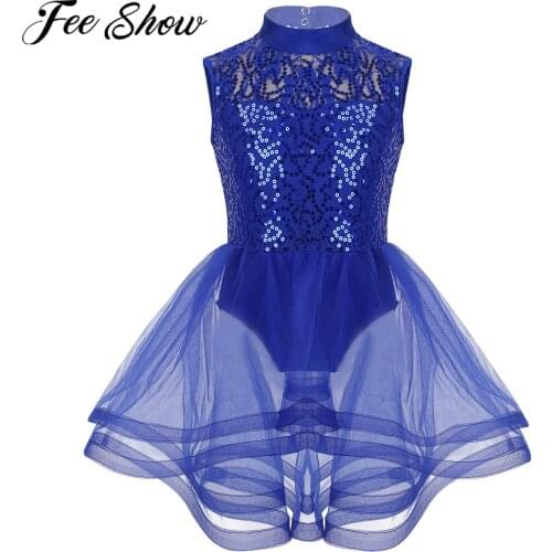FEESHOW Kids Girls Dress Figure Ice Skating Roller Skating Ballet Dancewear Leotard Dresses Clothes Sequins Keyhole Back Dress