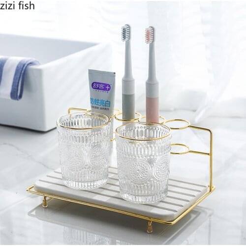 European Style Toothbrush Mouthwash Cup Metal Shelf Couple Double Toothbrushing Cup Vanity Gold Storage Rack Bathroom Decoration