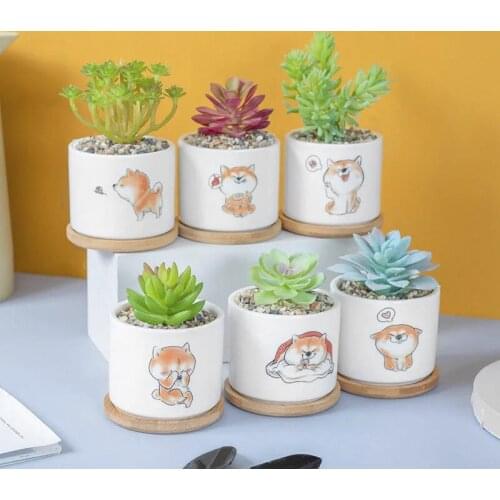 Cartoon Smiling Puppy Ceramic Mini Flower Pot Cute Succulents Green Plant Bonsai Desktop Ornament Creative Home Gardening