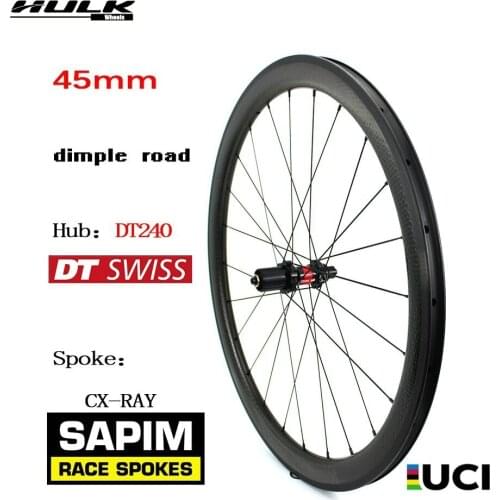 HULKWHEELS 700c Dimple Road Bike Wheel 45mm DT Swiss 240S Hub Carbon Wheels Basalt Brake With Sapim CX-RAY Spoke Light Weight