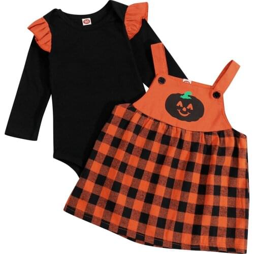 2021 0-18M Halloween Infant Baby Girl Clothing Ruffle Black Long Sleeve Romper+Plaid Print Suspender Dress Costume 2pcs Outfits