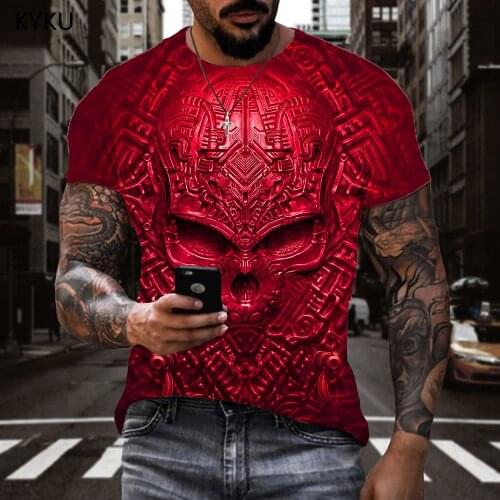 KYKU Brand Skull T shirt Men Rock Tshirt Printed Red Shirt Print Hip Hop Anime Clothes Mens Clothing Hip hop Casual Tops Slim