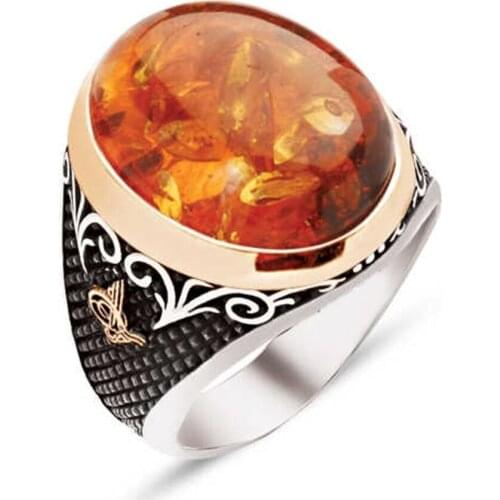 Silver Custom Cut Synthetic Amber Gemstone Tuğra Embroidered Men 'S Ring